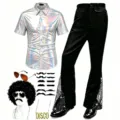 Ensemble costume disco homme annees 70 retro chemise pantalon patte d'elephant fete - S / Ensemble / Blanc Iridescent