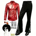 70s retro disco men costume set shiny red shirt black flared pants with wig accessories - S / Set / Red
