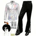 Men's retro disco costume set long sleeve metallic shirt bell bottom pants party outfits. - S / Set / Silver