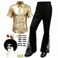 Costume Disco Homme Années 70 Chemise Dorée Brillante Pantalon Pattes d'Éph Perruque - S / Ensemble / Or