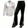 Men's disco metallic silver long sleeve shirt and flared pants retro costume set detail view. - S / Top And Bottom / Iridescent White