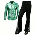 Men metallic green long sleeve shirt black flared pants disco costume stage outfit vintage retro style - S / Top And Bottom / Green