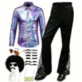 Ensemble costume disco homme années 70 chemise violette brillante pantalon patte d'eph - Violet