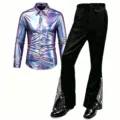 Men's Disco Costume Retro Stage Outfit Long Sleeve Metallic Shirt Flared Sequin Pants - S / Top And Bottom / Blue and Purple