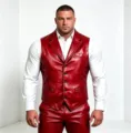Dettaglio del gilet in pelle rossa da uomo, con design elegante a V e finiture di qualità. - Taglia M / Rosso