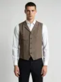 Brown herringbone tweed waistcoat detail, classic British business casual suit vest style. - Coffee