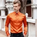 Men satin long sleeve shirt solid color casual shirt elegant party club wear top for men - S / Orange