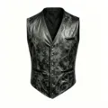 Close-up detail of the men faux leather vest with distressed texture and metal buttons. - S / Black