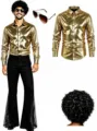 Men's 70s disco costume set featuring gold shiny shirt, flared pants, wig, and accessories. - S / Top And Bottom (026) / Gold