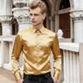 Detailed view of the luxury gold satin long sleeve shirt for men, elegant style fabric. - S / Yellow