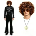 2026 Disfraz Retro Disco Hombre Conjunto Camisa Manga Larga Pantalón Campana Peluca Afro - Negro