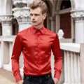 Men's red satin long sleeve dress shirt, solid color slim fit casual button-down shirt for men. - S / Red