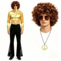 70s disco men costume set long sleeve gold shirt flared pants retro stage outfit party - S / Gold