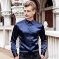 Men's elegant solid color satin long sleeve button-down shirt, casual slim fit top. - S / Blue
