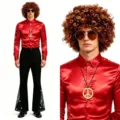 1970s disco costume for men featuring red satin shirt and star flare pants with retro wig. - S / Red