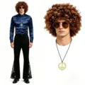 Retro 70s disco costume detail showing bell-bottom pants, shiny blue shirt and afro wig. - S / Navy Blue
