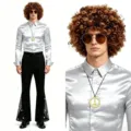 Men 1970s Disco Costume Outfit Silver Shirt Black Flared Pants Retro Stage Performance - S / Silver