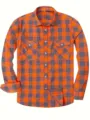 Men's casual long sleeve flannel plaid shirt, orange grey check button down tops for men. - Orange