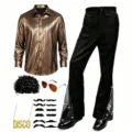 Ensemble de costume disco années 70 pour homme avec chemise, pantalon patte d'eph et perruque. - Café