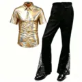 Ensemble costume de scène rétro disco pour homme chemise dorée métallisée et pantalon patte - S / Haut Et Bas / Or