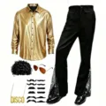 Disco costume set detail showcasing gold shirt, black flared pants, wig, sunglasses, necklace. - 3XL / Yellow