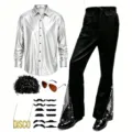 Men 1970s Disco Costume Set Vintage Shiny Shirt Bell Bottom Pants Party Stage Outfit - 3XL / Silver