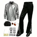 Men's disco costume set 1970s retro party outfit with shiny shirt flared pants and accessories - 3XL / Gray