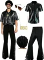 Men 70s disco costume set sequin shirt flared pants afro wig party stage performance outfit - 3XL / Top And Bottom / Black