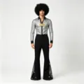 Men's 70s disco costume detail with silver sequin shirt, bell-bottom trousers and DISCO necklace. - 3XL / Top And Bottom / Silver