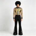 Disco men's performance costume set, retro long-sleeve gold sequin shirt and black flared pants. - S / Top And Bottom / Gold