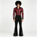 Men disco 70s retro costume long sleeve metallic shirt bell bottom pants stage outfit. - 3XL / Top And Bottom / Red