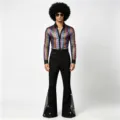 Tenue de performance disco pour hommes chemise manches longues pantalon patte d'eph - Rayures Foncées