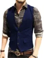Men's slim fit herringbone suit vest casual single breasted button waistcoat for business wedding - Sapphire Blue