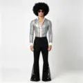 Ensemble costume disco rétro pour homme avec chemise à paillettes colorées et pantalon patte d'eph. - Rayures Claires