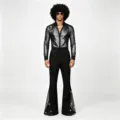 Detailed view of sequin disco shirt and flared pants, retro stage costume close-up. - 3XL / Top And Bottom / Black