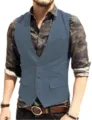 Men slim fit herringbone suit vest casual single breasted waistcoat for business wedding - Light Navy
