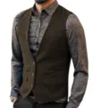 Men's brown tweed vest slim fit single breasted waistcoat for business casual wear. - Coffee