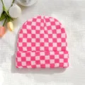 Pink checkered knit beanie for women, stylish streetwear warm winter slouchy hat view - One Size / Deep Pink
