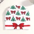 Christmas knitted beanie hat with festive tree and bow patterns for winter daily outdoor warm wear. - White Christmas Bow