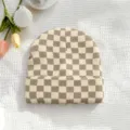 Brown beige checkerboard knit beanie hat, stylish warm winter skull cap for women. - One Size / Coffee