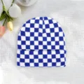 Blue and white checkerboard knit beanie hat, warm casual winter streetwear cold hat. - One Size / Sapphire Blue
