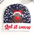 Detail view of a navy blue Christmas knit beanie featuring a cute reindeer and snow pattern, cozy hat. - Navy Elk
