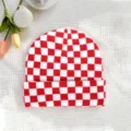 Red white checkered knit beanie winter warm fashion street style casual cold hat comfortable - One Size / Red