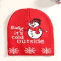Red knitted winter beanie hat featuring cute snowman graphic detail and festive holiday text. - Red Three Snowflakes