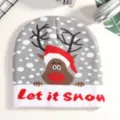 Christmas knit beanie winter warm hat with cute reindeer pattern and soft fleece fabric - Gray Letter Elk