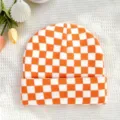 Orange and white checkered knit beanie hat, stylish winter warm casual skull cap. - One Size / Orange