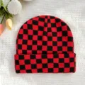 Red and black checkered knit beanie stylish winter warm streetwear skull cap for daily wear - One Size / Red & Black