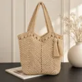 Beige straw woven tote bag for women, large capacity summer beach shoulder bag, casual chic. - Edge Zipper / Off White