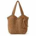 Women Straw Woven Tote Bag Large Capacity Beach Shoulder Bag Summer Vacation Handbag - Edge Zipper / Coffee