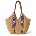 Woven straw tote bag for women large capacity shoulder handbag with chic patterned scarf. - Magnetic Buckle Canvas Lining / Light Coffee